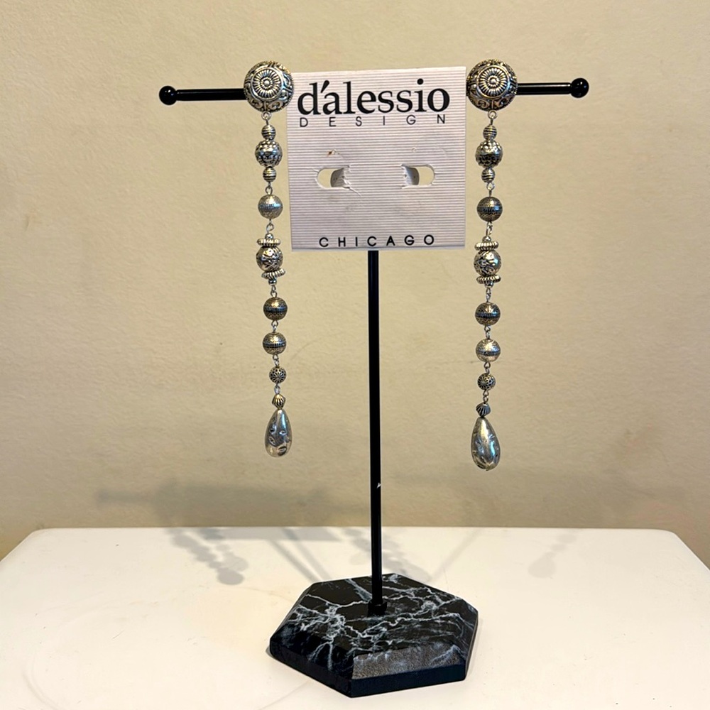 Vintage Dalessio Design Chicago Silver Tone Dangle Earrings Clip Ons 80s Boho